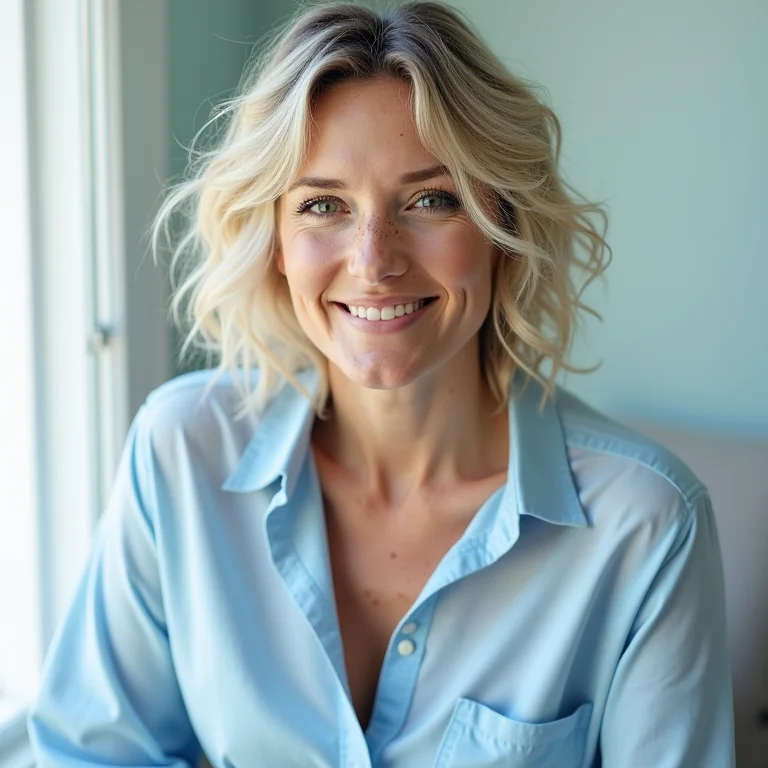 Mulher branca com sardas usando look monocromático azul pastel