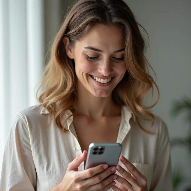 Mulher branca com sardas vendo preço de passagem aérea em seu celular.
