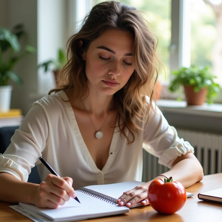 Mulher branca concentrada usando a técnica Pomodoro