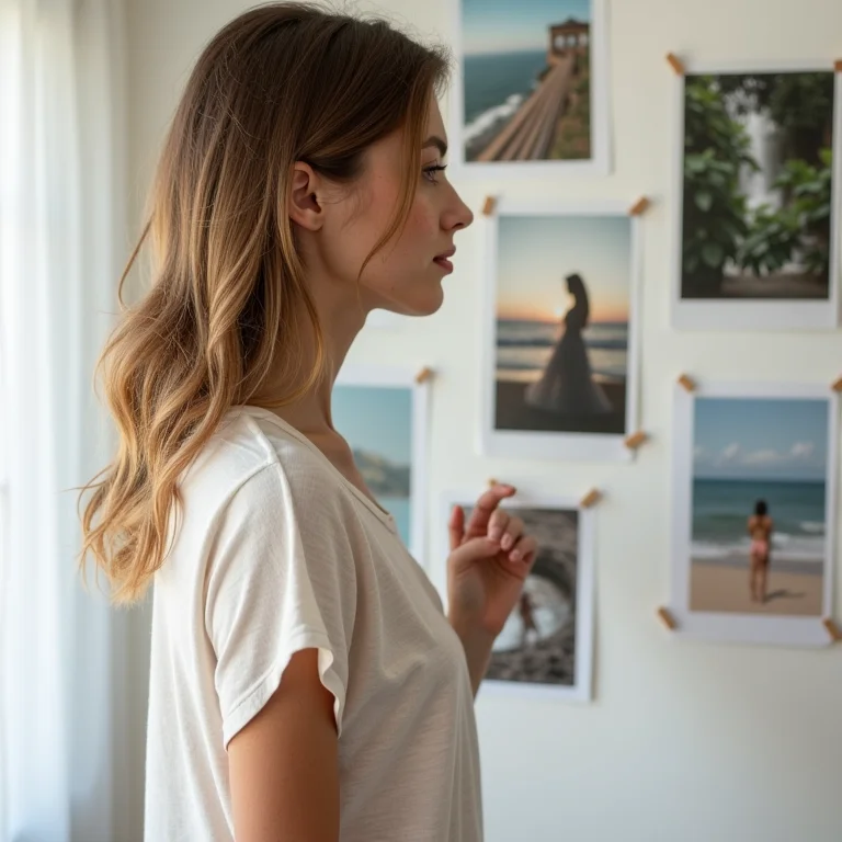Mulher branca criando layout de mural de fotos