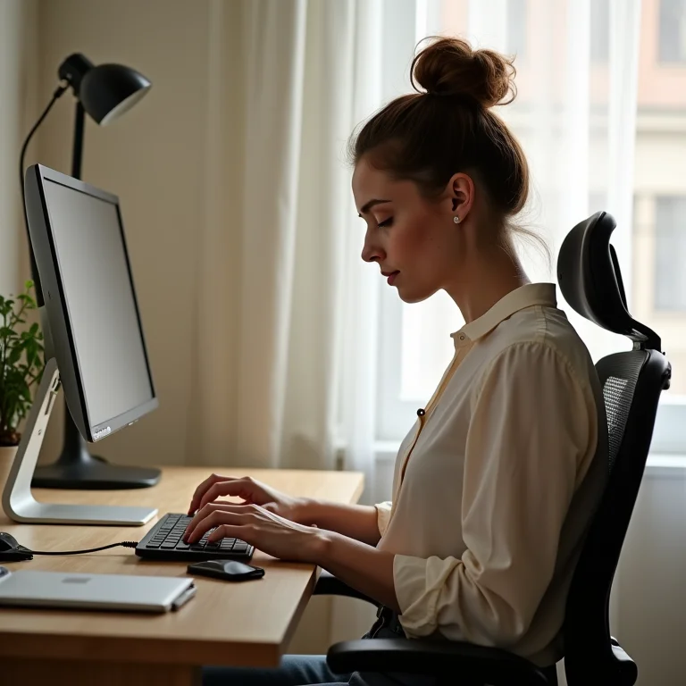 Mulher branca digitando com postura correta em frente ao computador