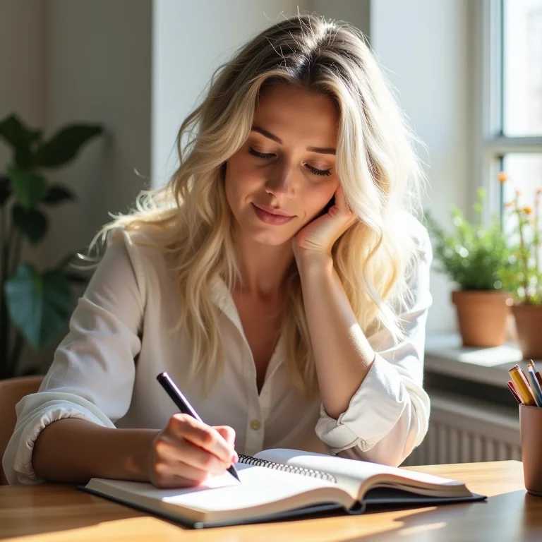 Mulher branca escrevendo em caderno em escritório iluminado
