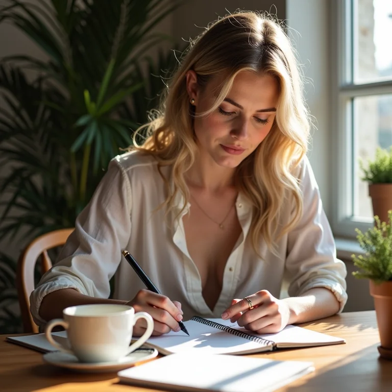Mulher branca escrevendo perguntas para pesquisa de satisfação em um bloco de notas