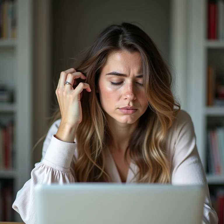 Mulher branca estressada tocando o couro cabeludo oleoso