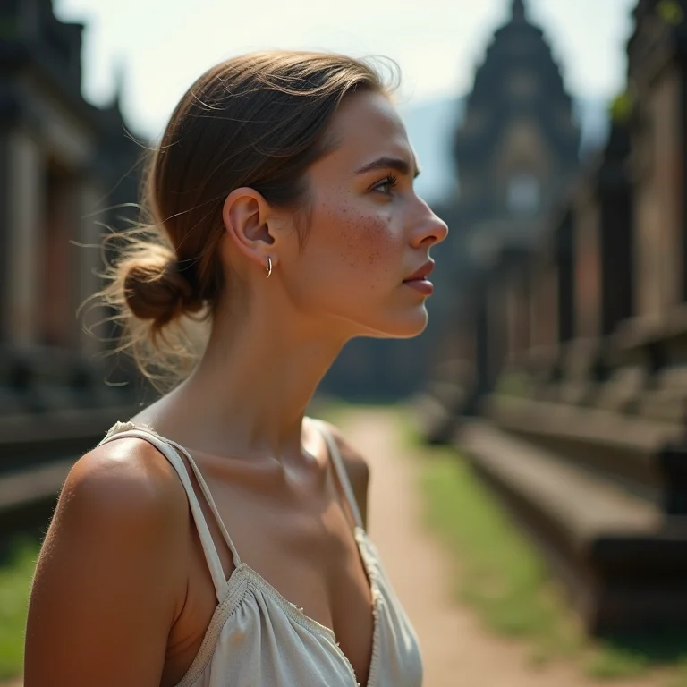 Mulher branca explorando as ruínas antigas de Chiang Mai, Tailândia.