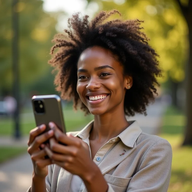 Mulher branca gravando vídeo no celular em parque