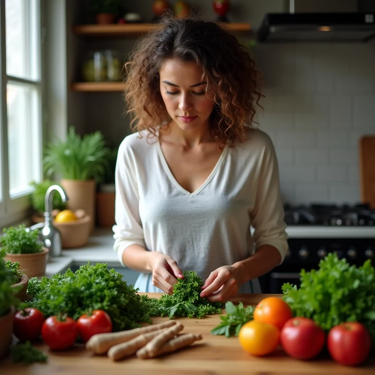 Mulher branca higienizando diferentes tipos de alimentos.