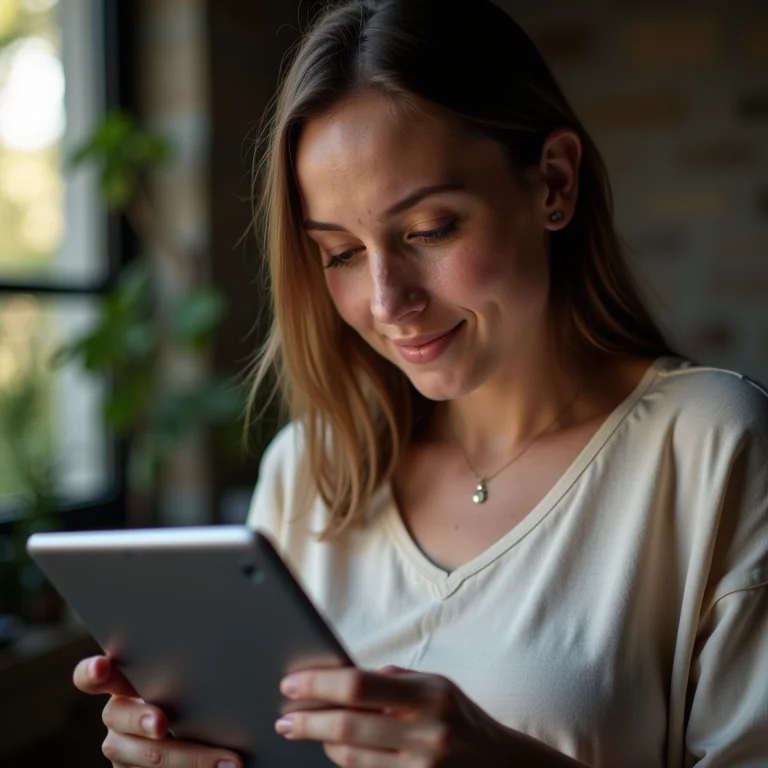 Mulher branca inspecionando certificado digital em tablet