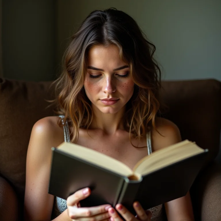 Mulher branca lendo um livro pensativa