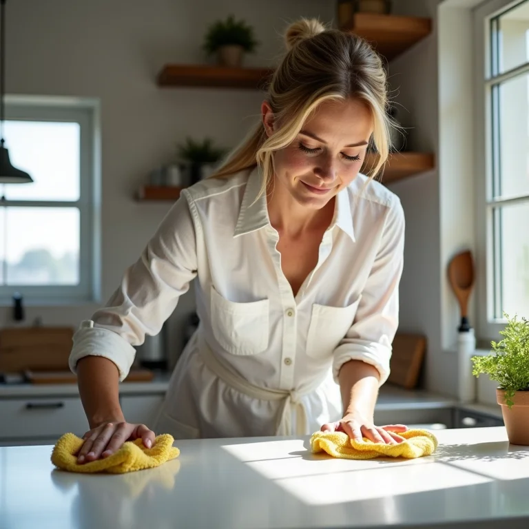 Mulher branca limpando a bancada da cozinha