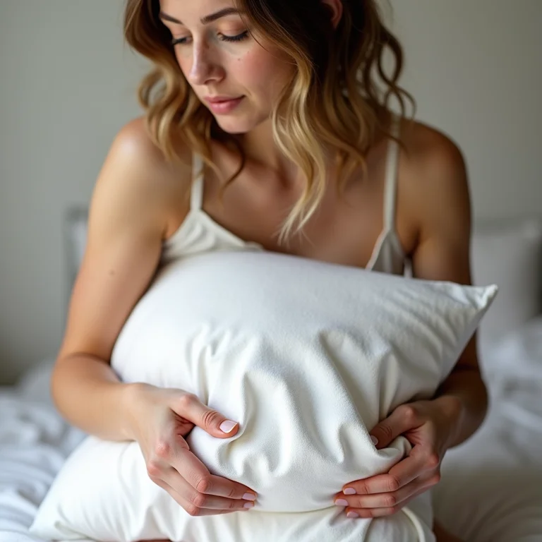 Mulher branca mostrando como dobrar tecido para almofada sem costura.