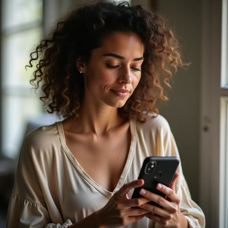 Mulher branca olhando anúncio no celular