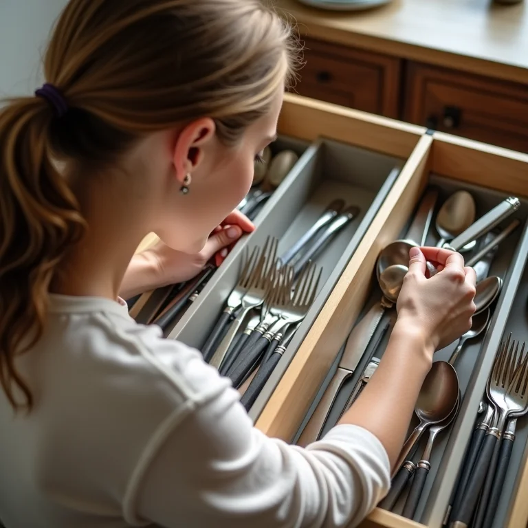 Mulher branca organizando talheres com técnicas eficientes