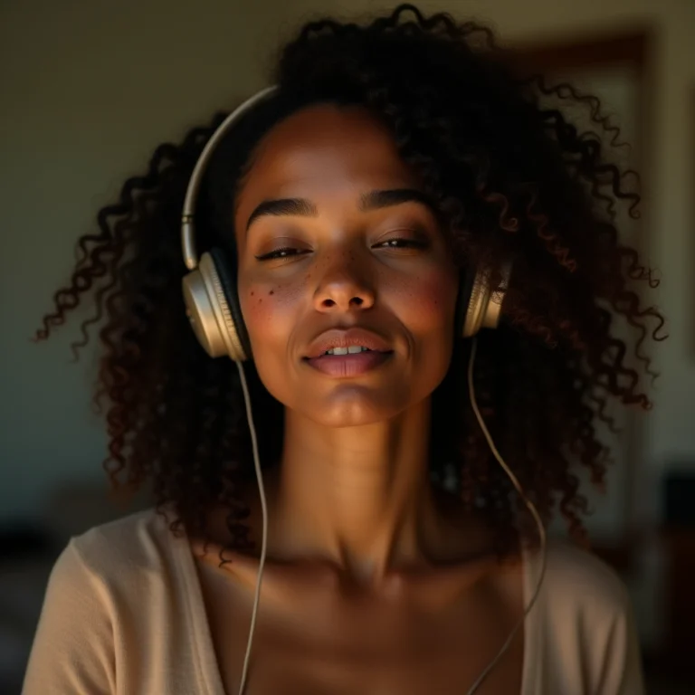Mulher branca ouvindo música de jazz em fones de ouvido vintage.