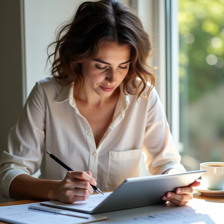Mulher branca personalizando sua planilha de gastos em um tablet.