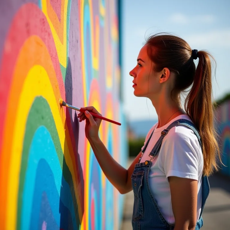 Mulher branca pintando um mural colorido com símbolos da contracultura.
