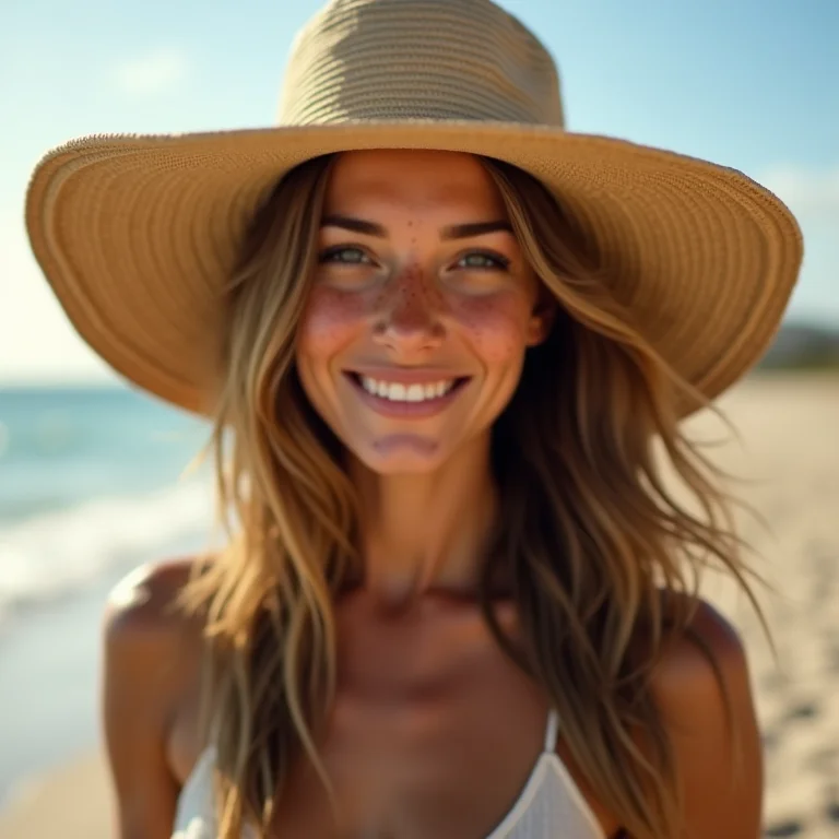 Mulher branca protegendo o cabelo do sol na praia