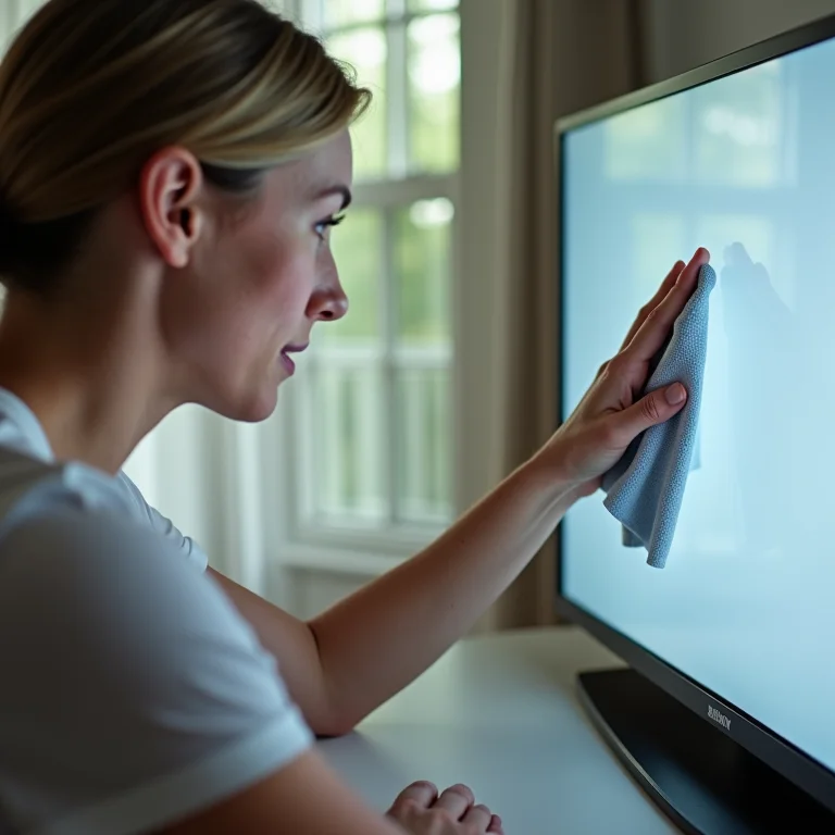 Mulher branca removendo manchas da TV