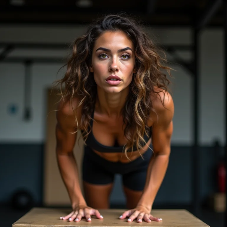 Mulher branca saltando em caixa durante treino de crossfit.