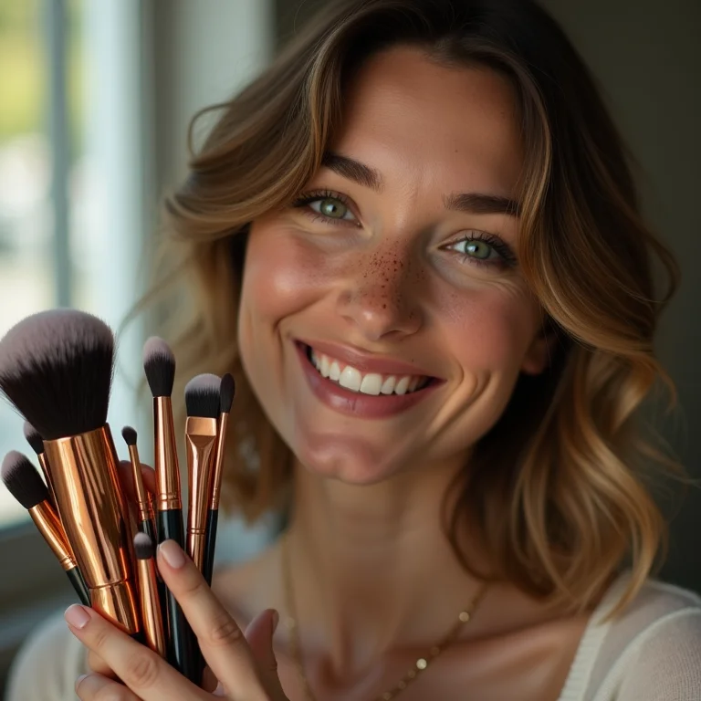Mulher branca segurando pincéis de maquiagem internacionais