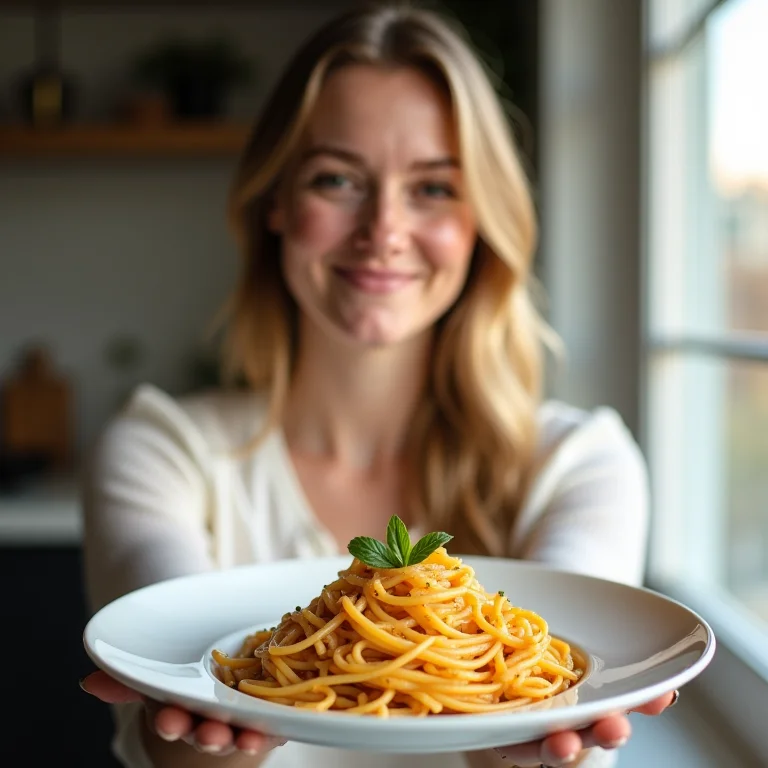 Mulher branca segurando um prato de massa italiana.
