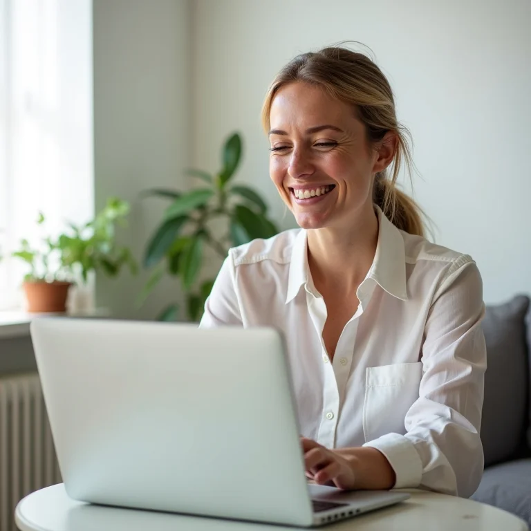 Mulher branca sorrindo ao analisar investimentos no laptop
