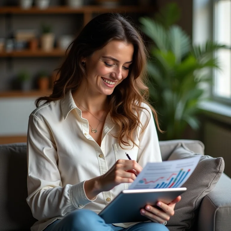 Mulher branca sorrindo ao analisar sua capacidade de pagamento