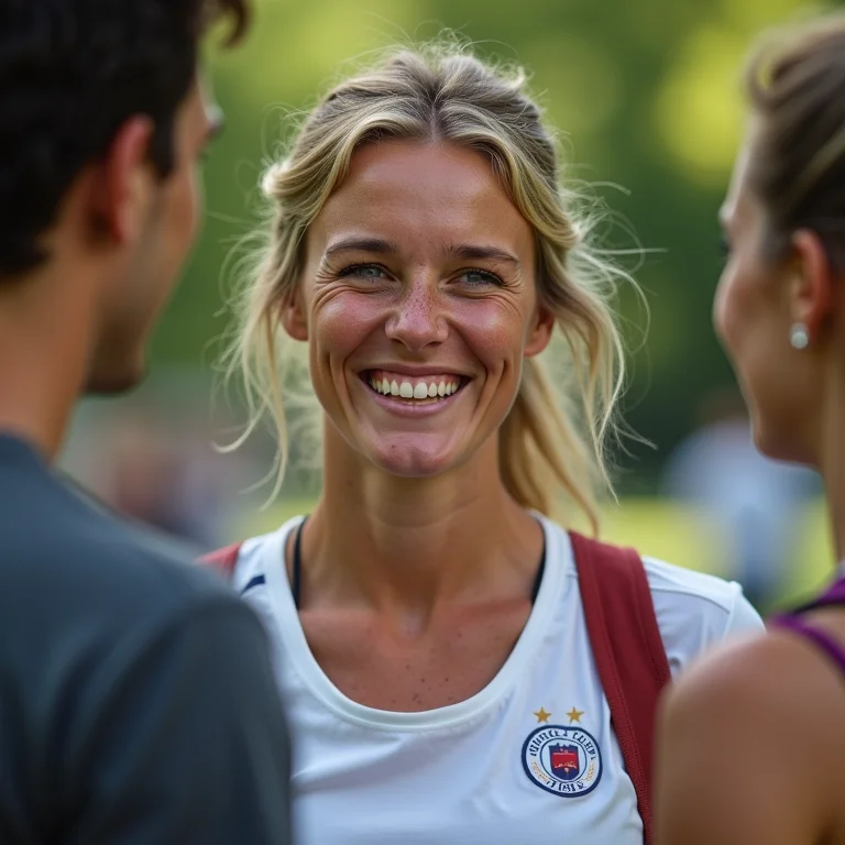 Mulher branca sorrindo ao discutir jogo de futebol