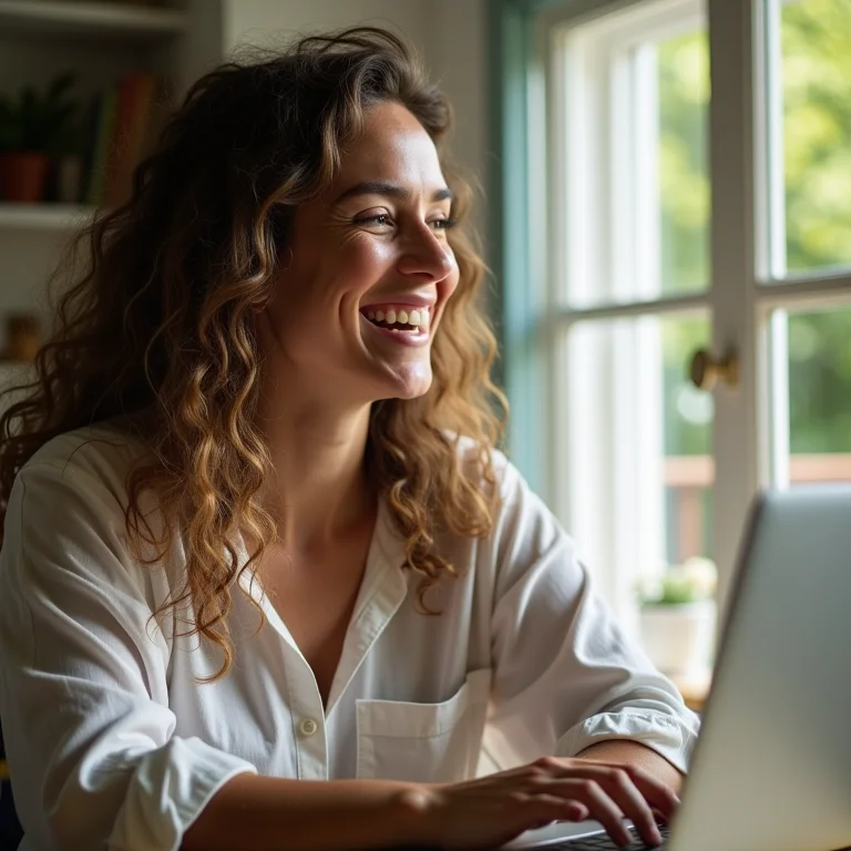 Mulher branca sorrindo ao verificar as vendas online no laptop.