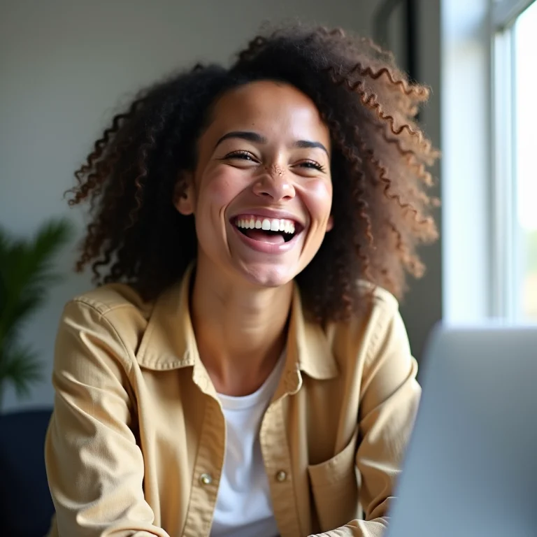 Mulher branca sorrindo durante videoconferência sobre soluções financeiras.
