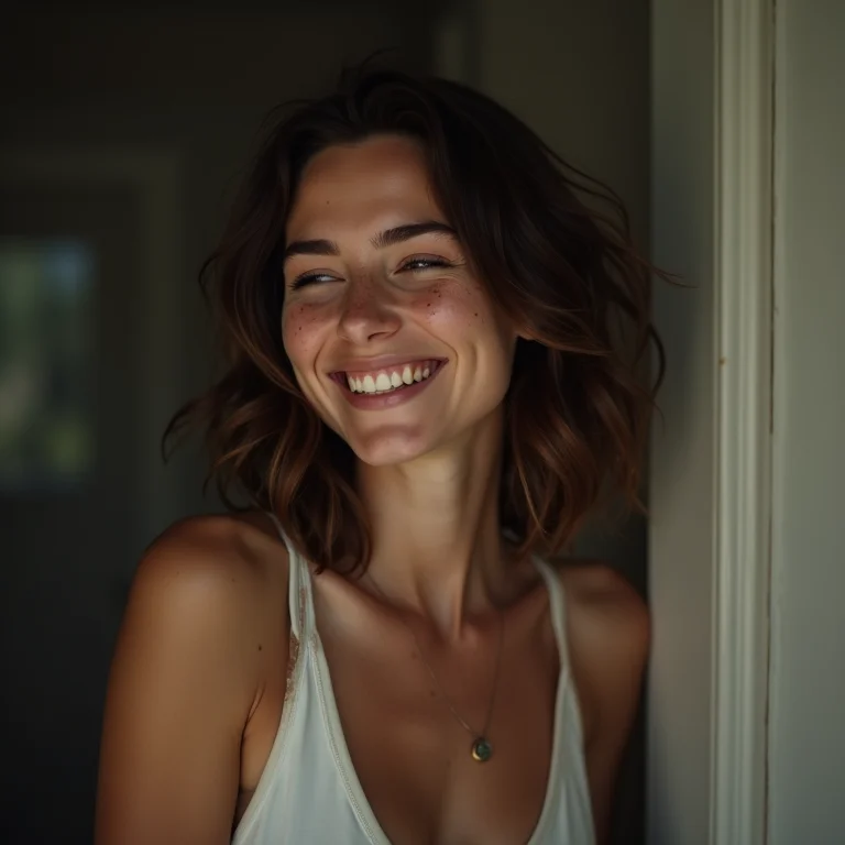 Mulher branca sorrindo em um lavabo com contrastes sutis