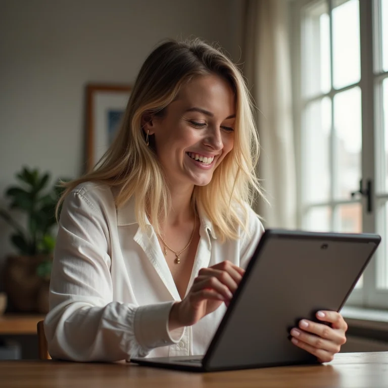 Mulher branca sorrindo enquanto cria currículo no Canva.