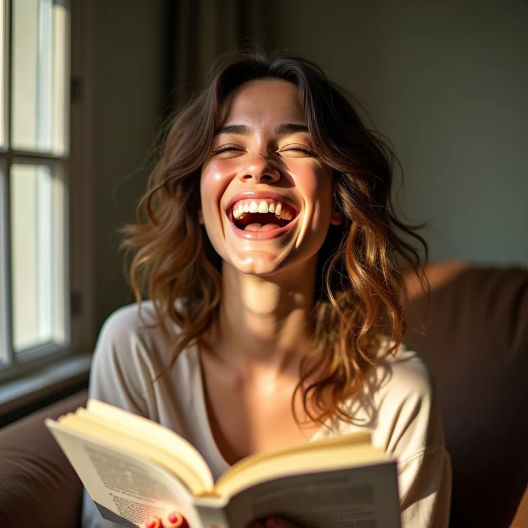 Mulher branca sorrindo enquanto lê livro