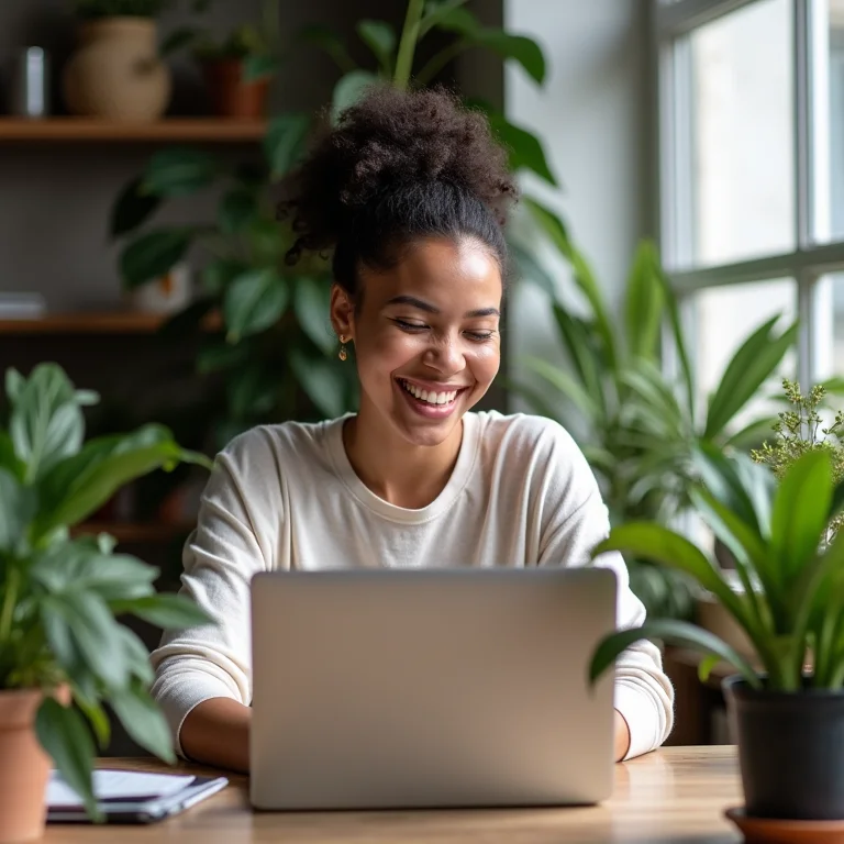 Mulher branca sorrindo trabalhando no laptop