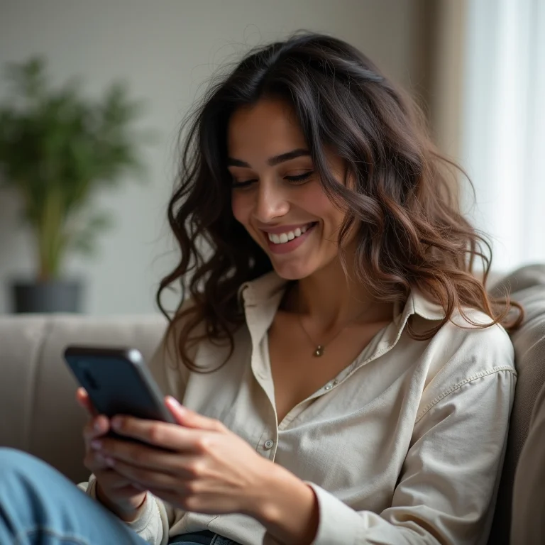 Mulher branca sorrindo usando o celular no sofá.