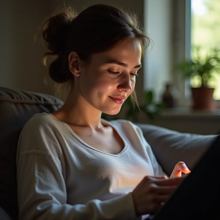 Mulher branca trabalhando offline no Google Docs em um tablet.