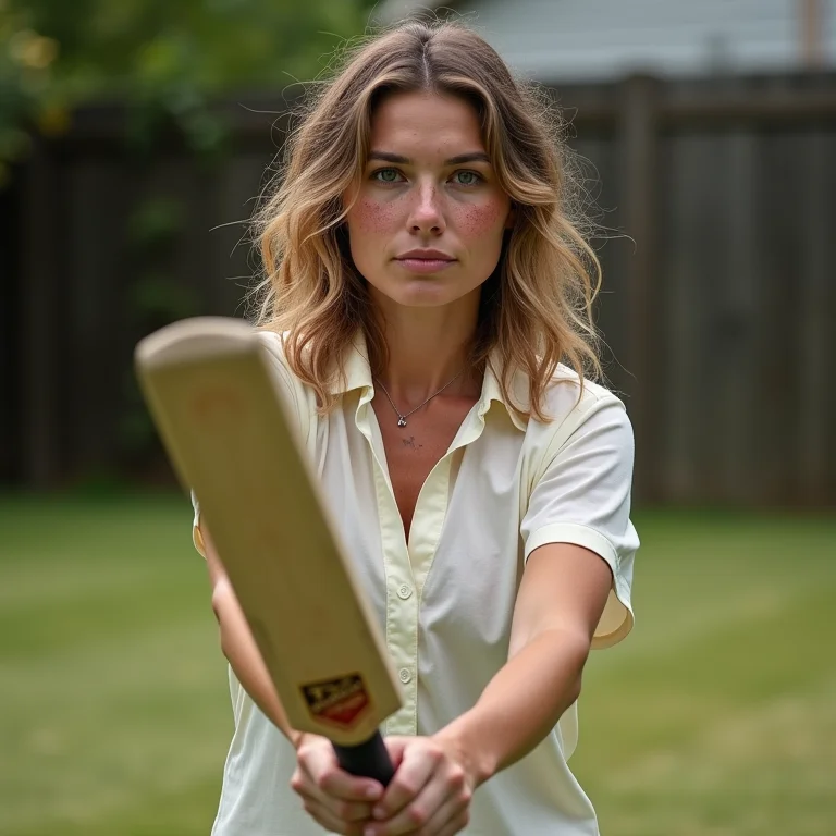 Mulher branca treinando críquete