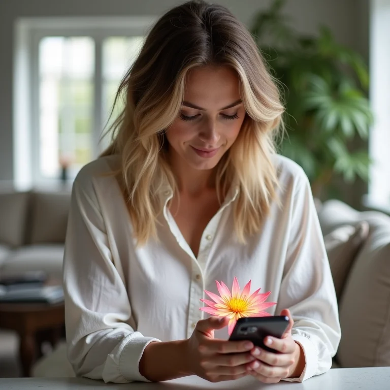 Mulher branca usando o Smart Launcher 6 em seu celular