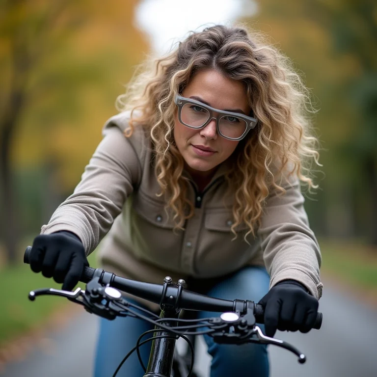 Mulher branca usando óculos de proteção e luvas ajustando freios de bicicleta