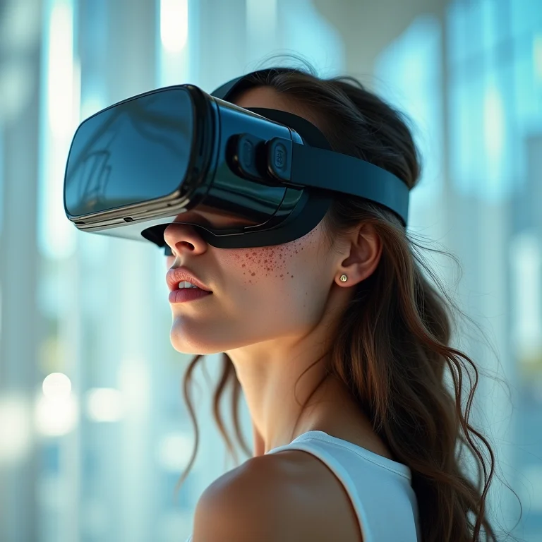 Mulher branca usando óculos de realidade virtual explorando a Web3.