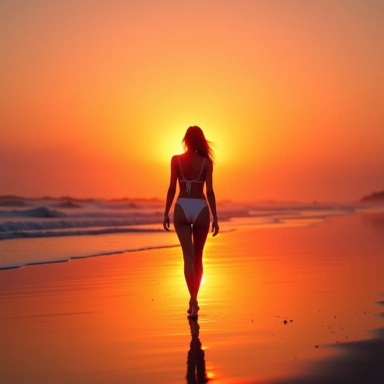 Mulher caminhando na praia ao pôr do sol em Porto Seguro.