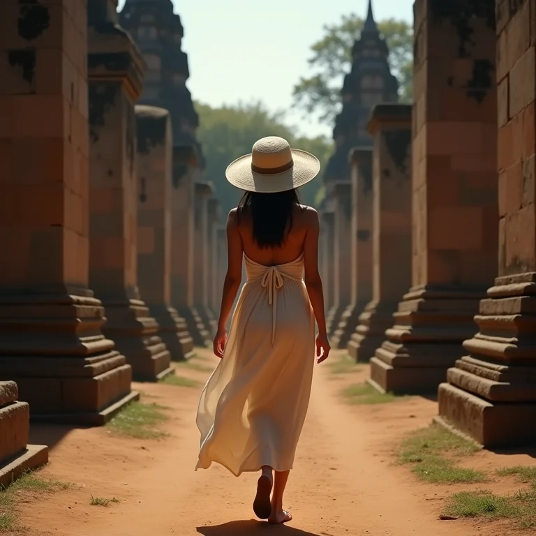Mulher caminhando pelas ruínas históricas de Ayutthaya, Tailândia.