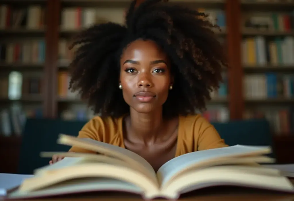 Mulher estudando com livros em ambiente de luz natural