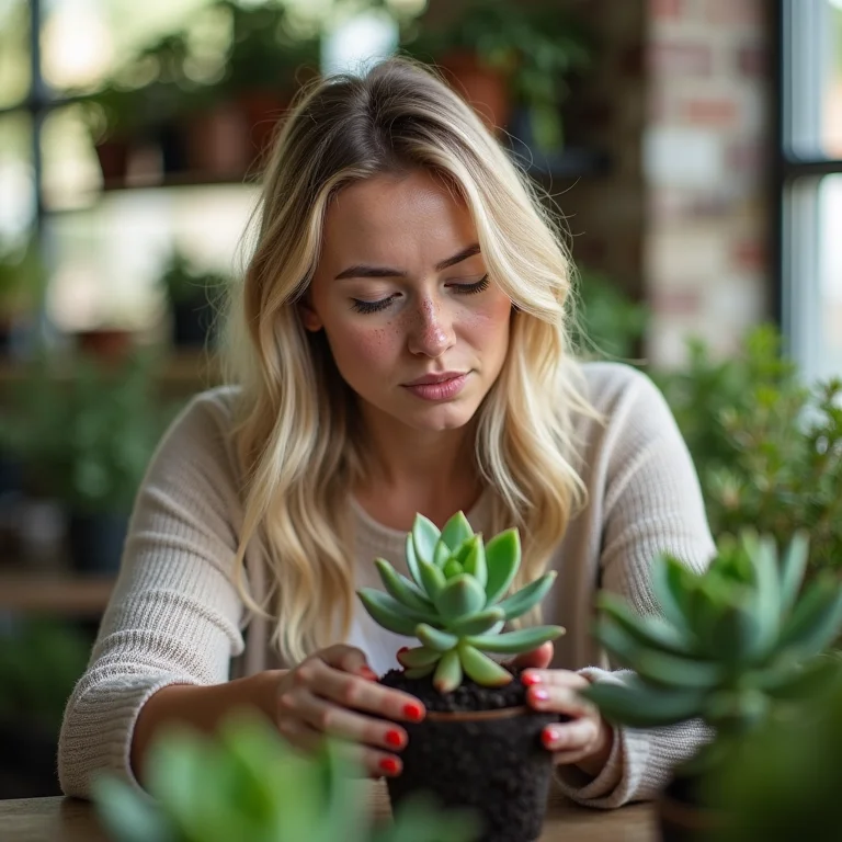 Mulher examinando suculenta antes de comprar