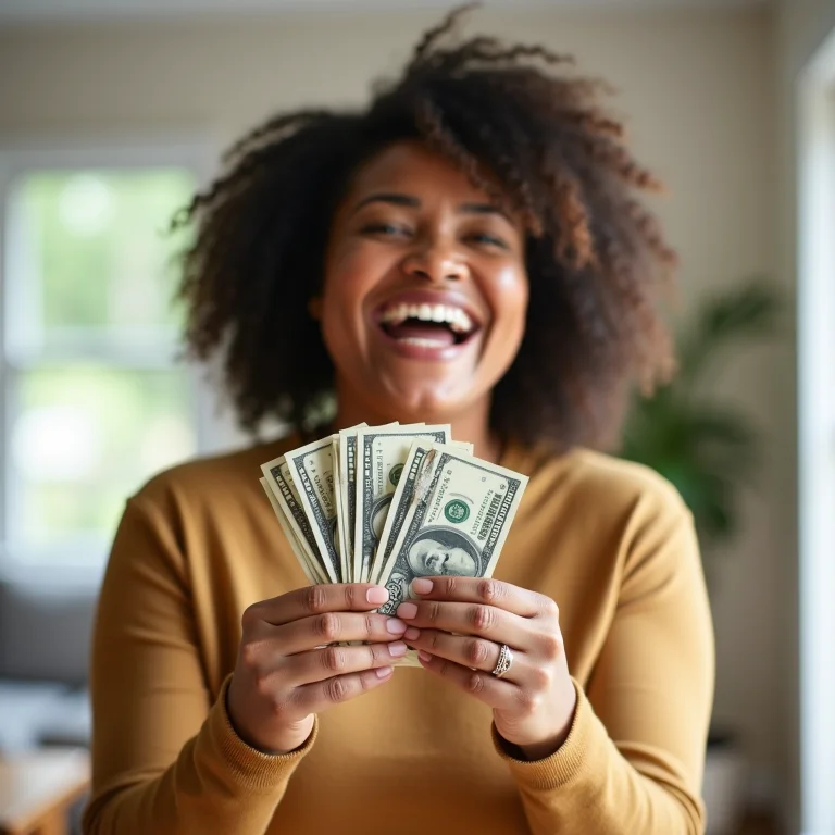 Mulher feliz segurando dinheiro após conseguir um empréstimo pessoal