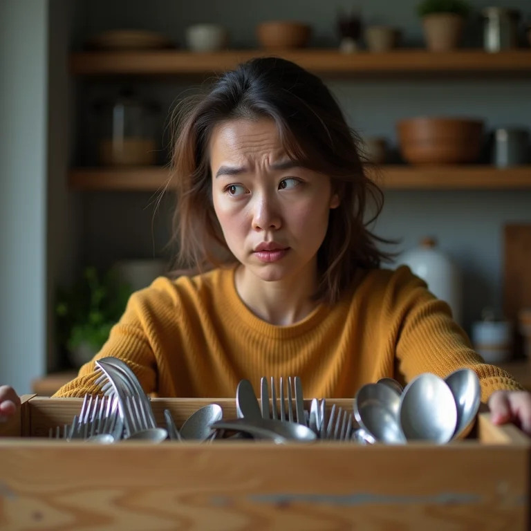 Mulher frustrada com gaveta de talheres desorganizada