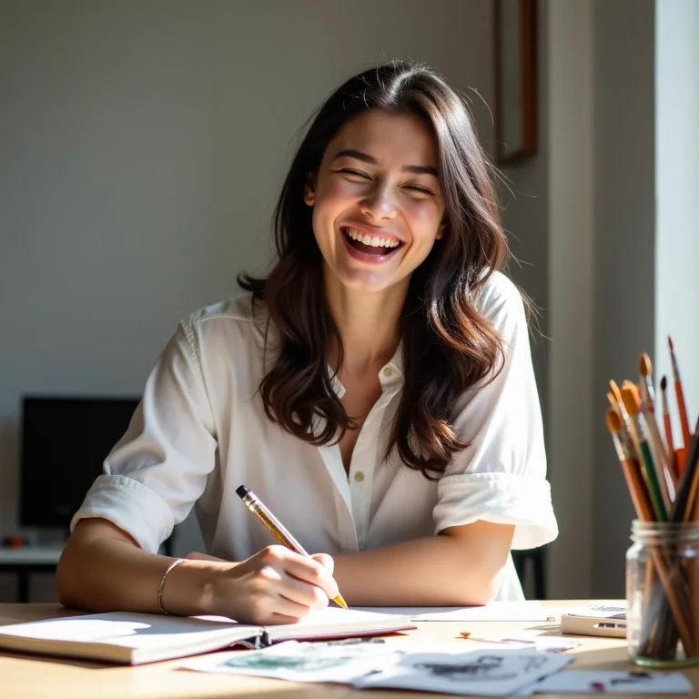 Mulher gorda sorrindo enquanto desenha.