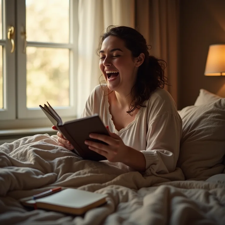 Mulher gorda sorrindo usando mesa de cabeceira suspensa