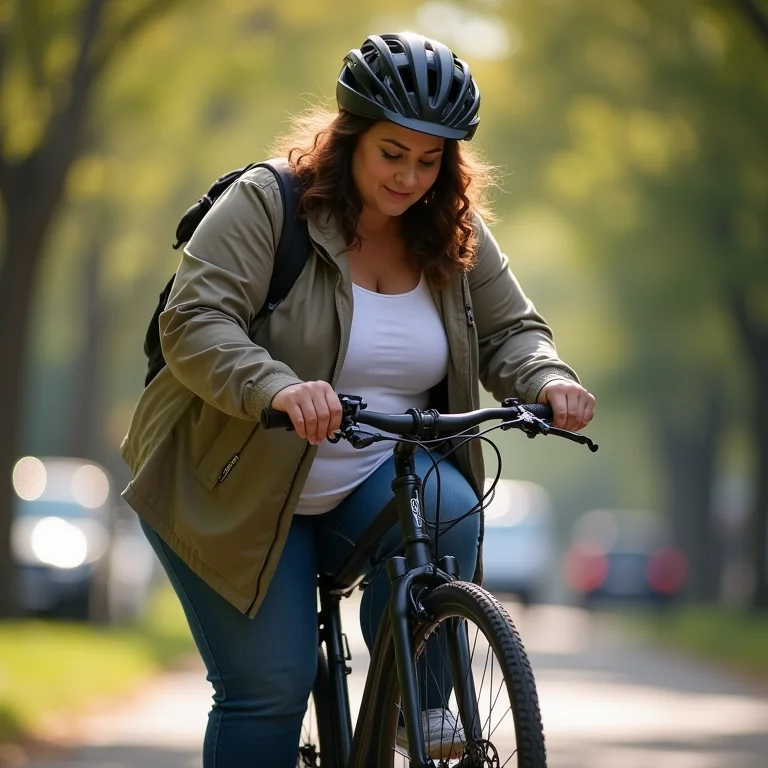 Mulher inspecionando pneu de bicicleta
