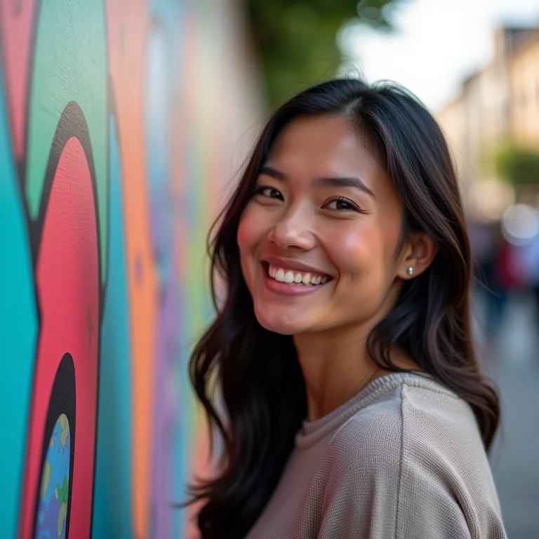 Mulher interagindo com arte de rua